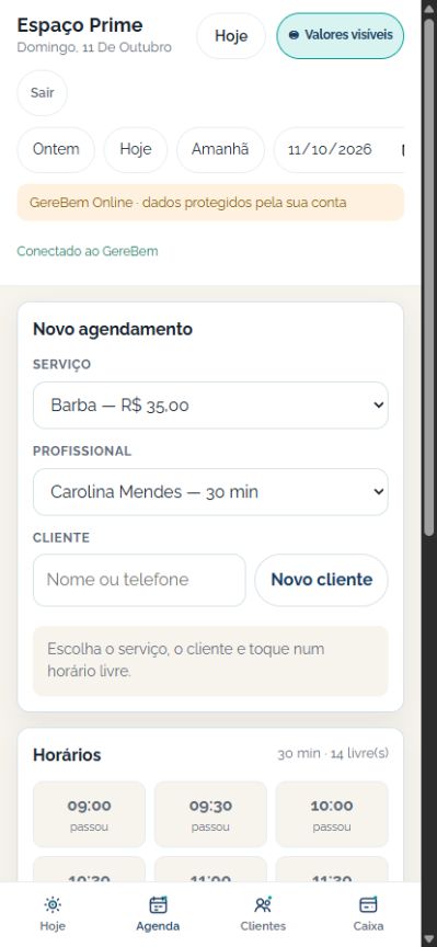 Agenda do GereBem no celular, com serviços, profissionais e horários