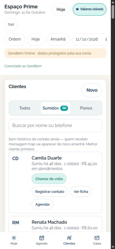 Tela real do aplicativo GereBem com o filtro de clientes sumidos da conta demonstrativa