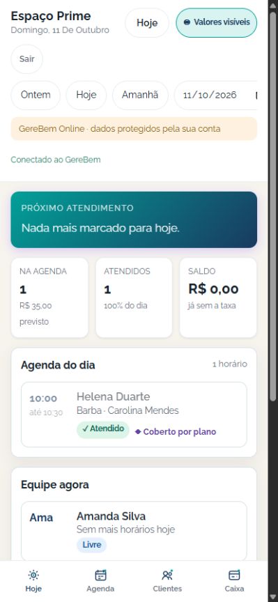 Tela inicial real do aplicativo GereBem com resumo do dia e situação da equipe