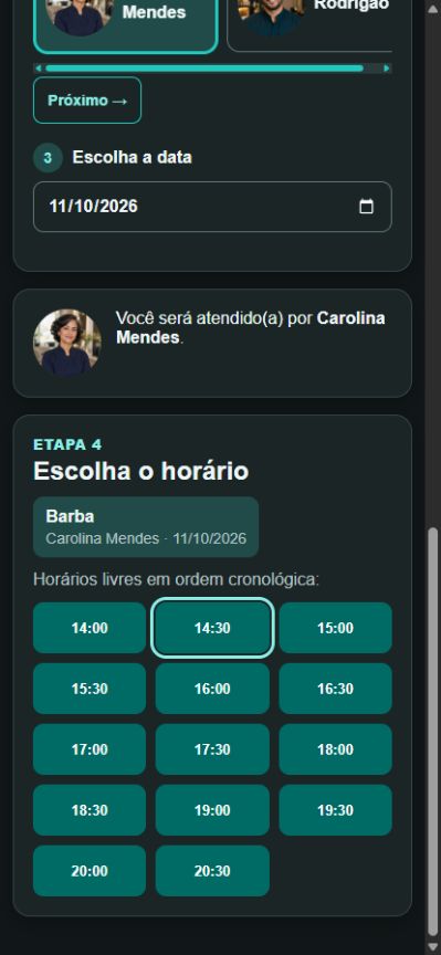 Tela real do link público do GereBem Plus com escolha de serviço, profissional e horários disponíveis
