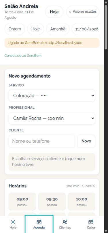 Tela real da agenda do aplicativo Gerebem com fluxo orientado de novo agendamento