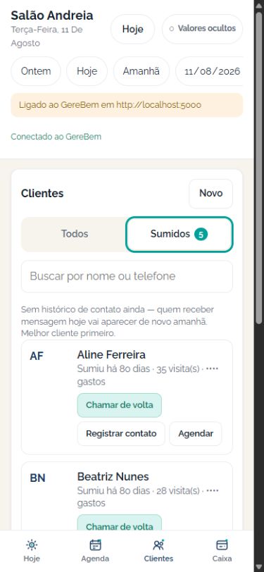 Tela real do aplicativo Gerebem mostrando clientes sumidos e ações para chamar de volta, registrar contato ou agendar