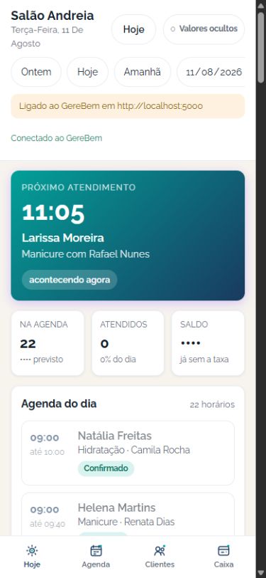 Tela inicial real do aplicativo Gerebem com resumo do dia, profissionais livres e clientes inativos